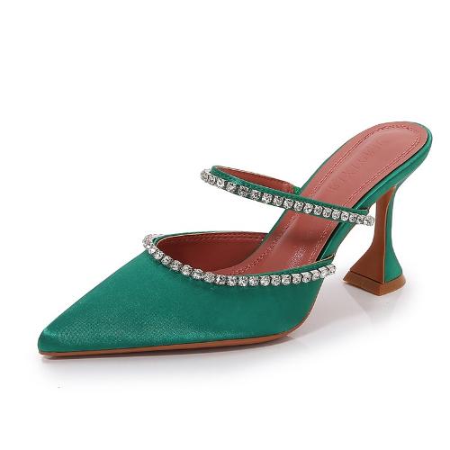 New Pointed Toe High Heels Slingback Sandals with Crystal Rhinestones Wine Glass Heel Satin Women Shoes