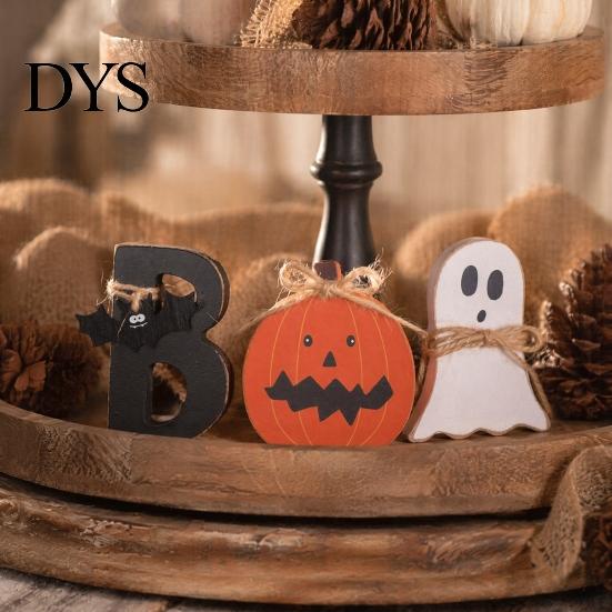 Seasonal Room Decor 3 Pcs Halloween Indoor Table Decoration, Cute Ghost Wooden Sign with Jute Rope, Rustic Ornaments Farmhouse BOO Block for