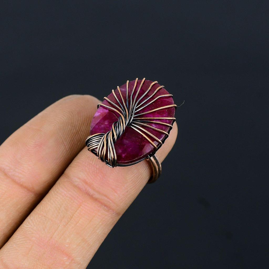Tree of Life Lab-Created Ruby Gemstone Copper Wire Wrapped Handmade Jewelry Ring For Her