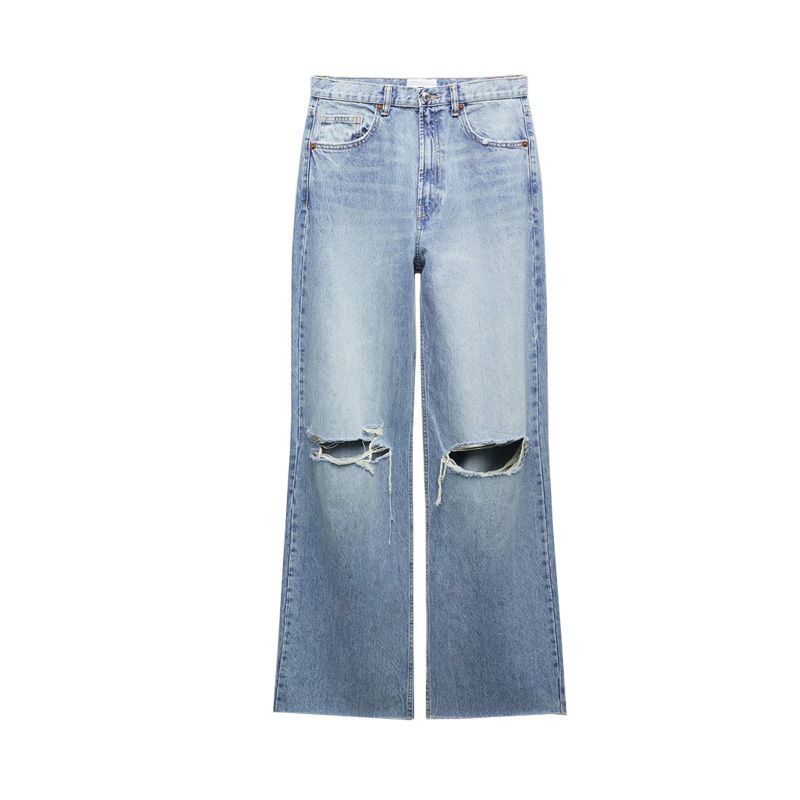 

Summer Fashion All-Matching Ripped High Waist Loose Trousers Blue L