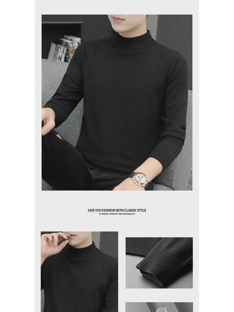 Men's Black Slim Fit Mid-Neck Knitted Sweater - Half Turtleneck for Autumn/Winter