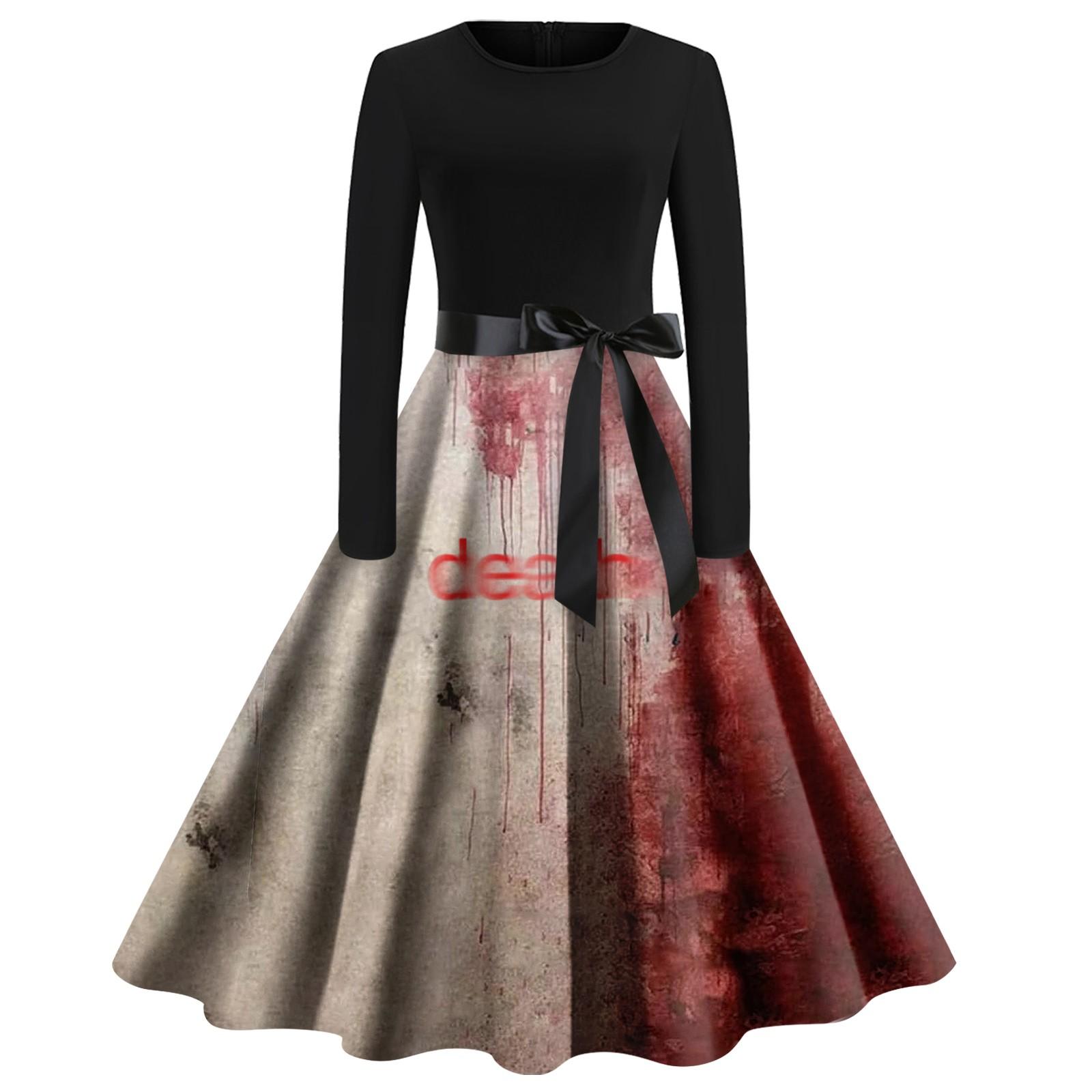 

Женское платье с расклешенным принтом на Хэллоуин с длинным рукавом и круглым вырезом, вечерние повседневные платья XL киноварь