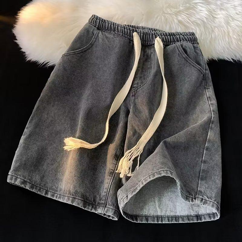 Elastic Waist Denim Trousers Men's Elastic Drawstring Denim Shorts with Pockets Casual Summer Beach Shorts Quick-drying for Men
