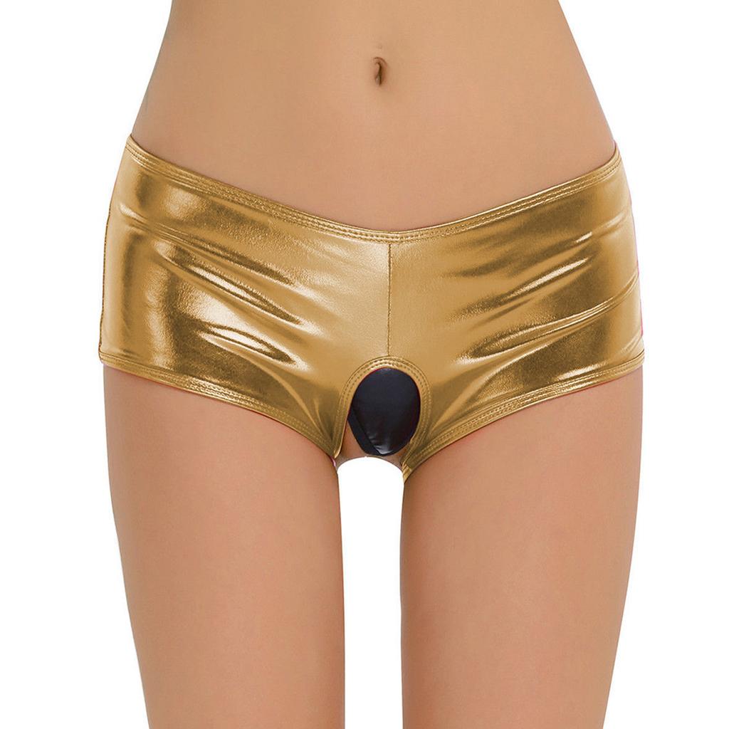 Women's Metallic Faux Leather Open Crotch Boyshorts Underwear Stretchy Low Waist Lingerie Panties for Intimate Wear