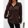 Autumn Winter New Solid Color Plus Size Women's Top V Lapel Long Sleeve Ribbed Brushed T-shirt Loose Casual