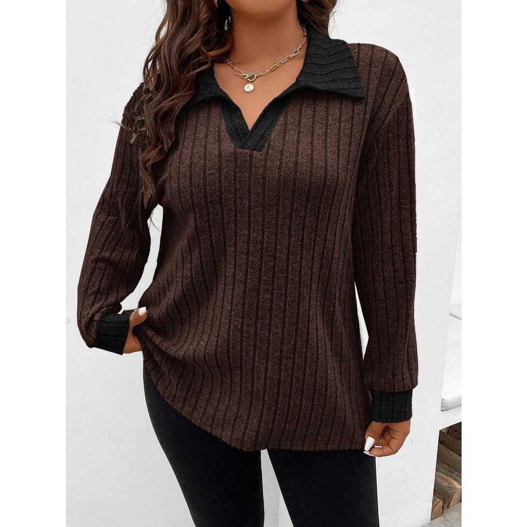 Autumn Winter New Solid Color Plus Size Women's Top V Lapel Long Sleeve Ribbed Brushed T-shirt Loose Casual
