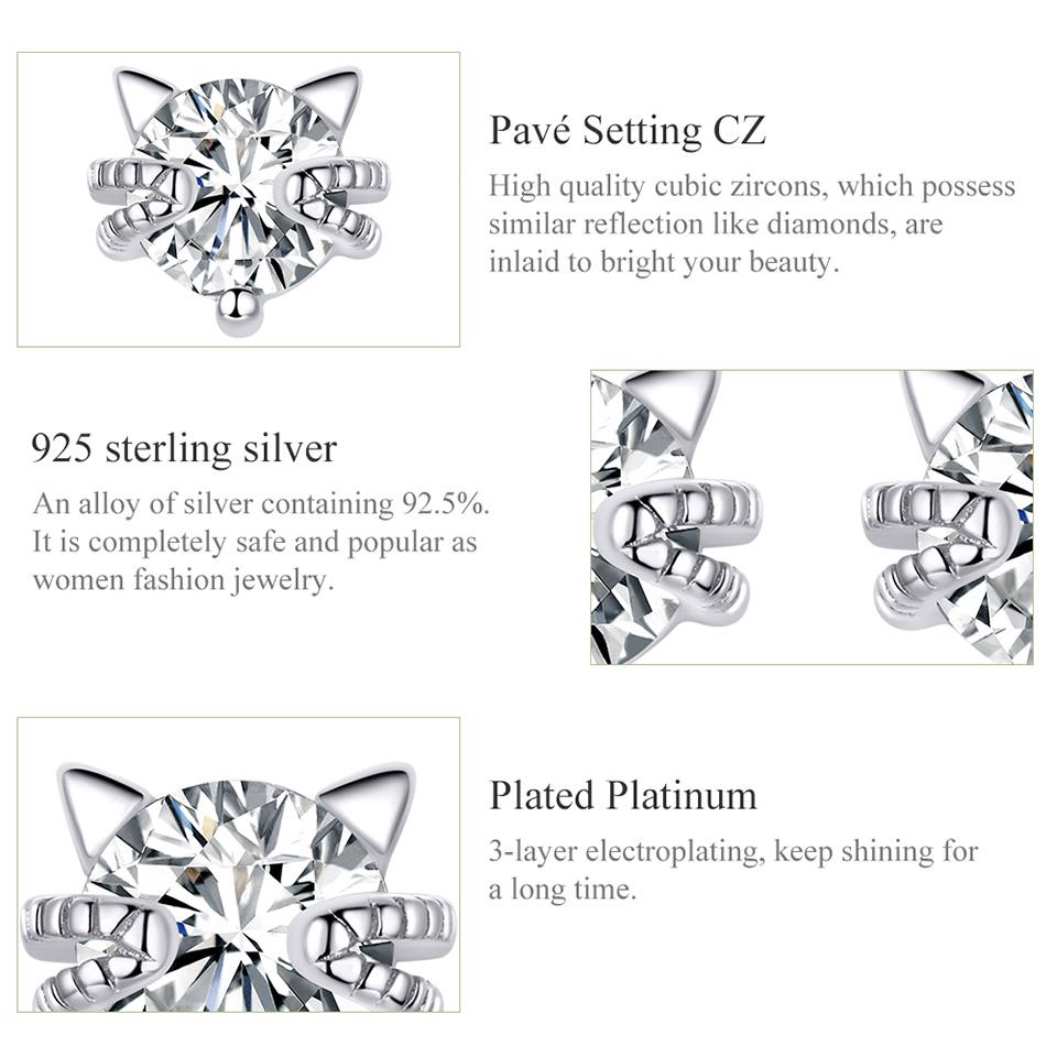 Bamoer Real 925 Sterling Silver Shiny Kitty Girl Earings Precious Jewelry Women Earings Gift
