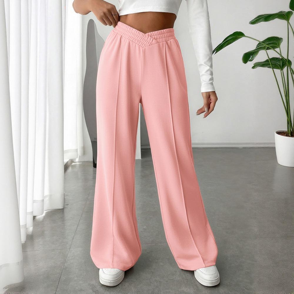 Women's Elastic V High Waist Wide Leg Pants Solid Color Casual Straight Long Trousers