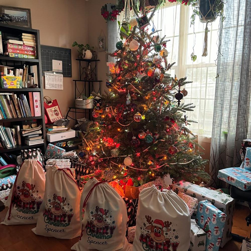 Custom Deer Christmas Bag Holiday Santa Sack Merry Xmas Eve Party Decor Santa Bag Drawstring Bags Party Decor Christmas Stocking