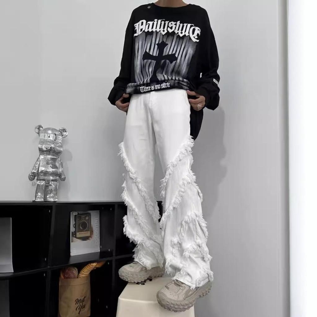 Men's Raw Edge High Street Straight Jeans – Trendy American Hip Hop Summer Design