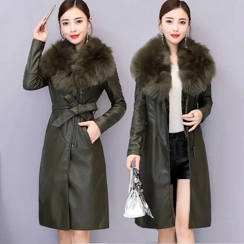 Large Fur Collar Winter Leather Jacket Women Plush Thickened Mid Length Korean Slimming Waist Closing Leather Jacket