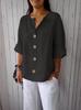 Women's 2025 European-American V-Neck Cotton Linen Button T-Shirt