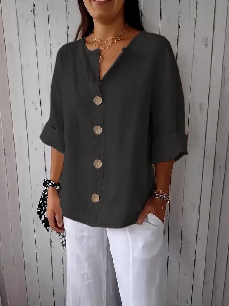 Women's 2025 European-American V-Neck Cotton Linen Button T-Shirt