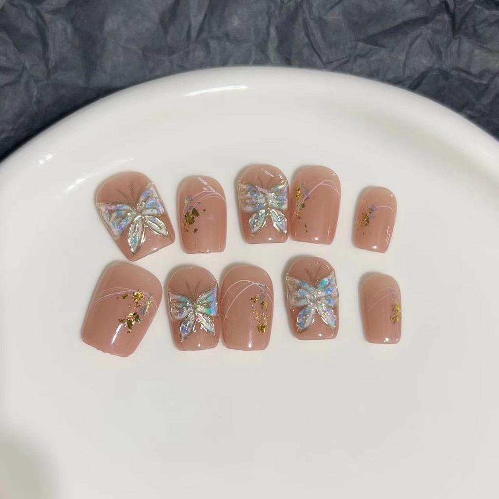 Wearing Armor Pure Handmade Manicure Finished Product Fake Nail Patch New Nude Gold Foil Hand-painted Magic Mirror Butterfly