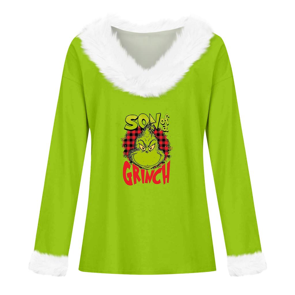 Women's T Shirt Tee Christmas Shirt Long Sleeve Party Christmas Print Fleece Collar V Neck Top