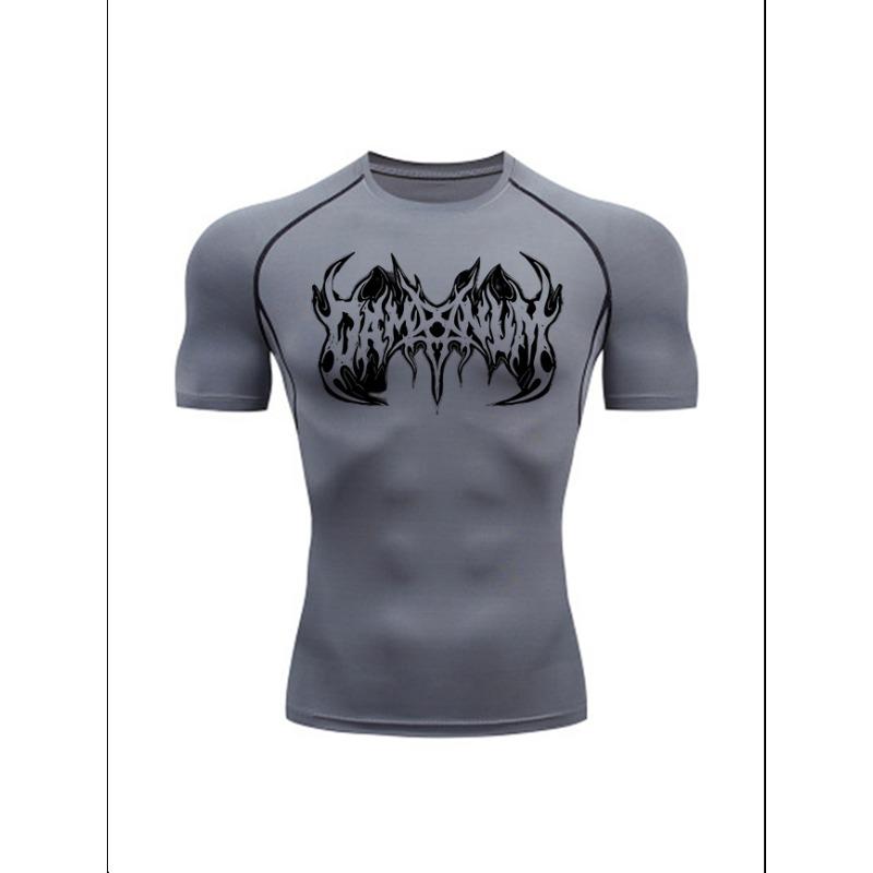 Men S Grey Tribal Flame Print Compression T-Shirt, Quick Dry Short Sleeve Gym Workout Tee, Muscle Fit Athletic Training Top for Men S