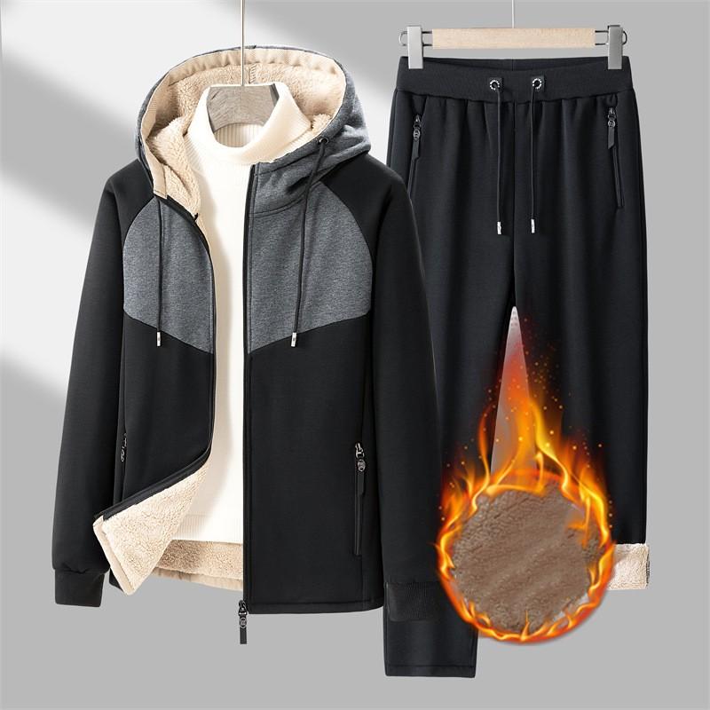 Men's Autumn and Winter with Cashmere Thickened Warm Lamb Cashmere Sports Two-piece Hooded Cardigan Sweatshirt Trousers New Suit