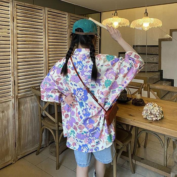 Casual Loose Fit Shirt for Women - Short Sleeve Flower Printed Summer Top