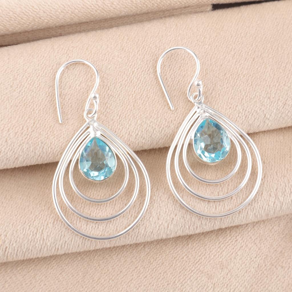Natural Sky Blue Topaz Gemstone 925 Sterling Silver Handmade Hoop Earrings 1.80" EE-31-4