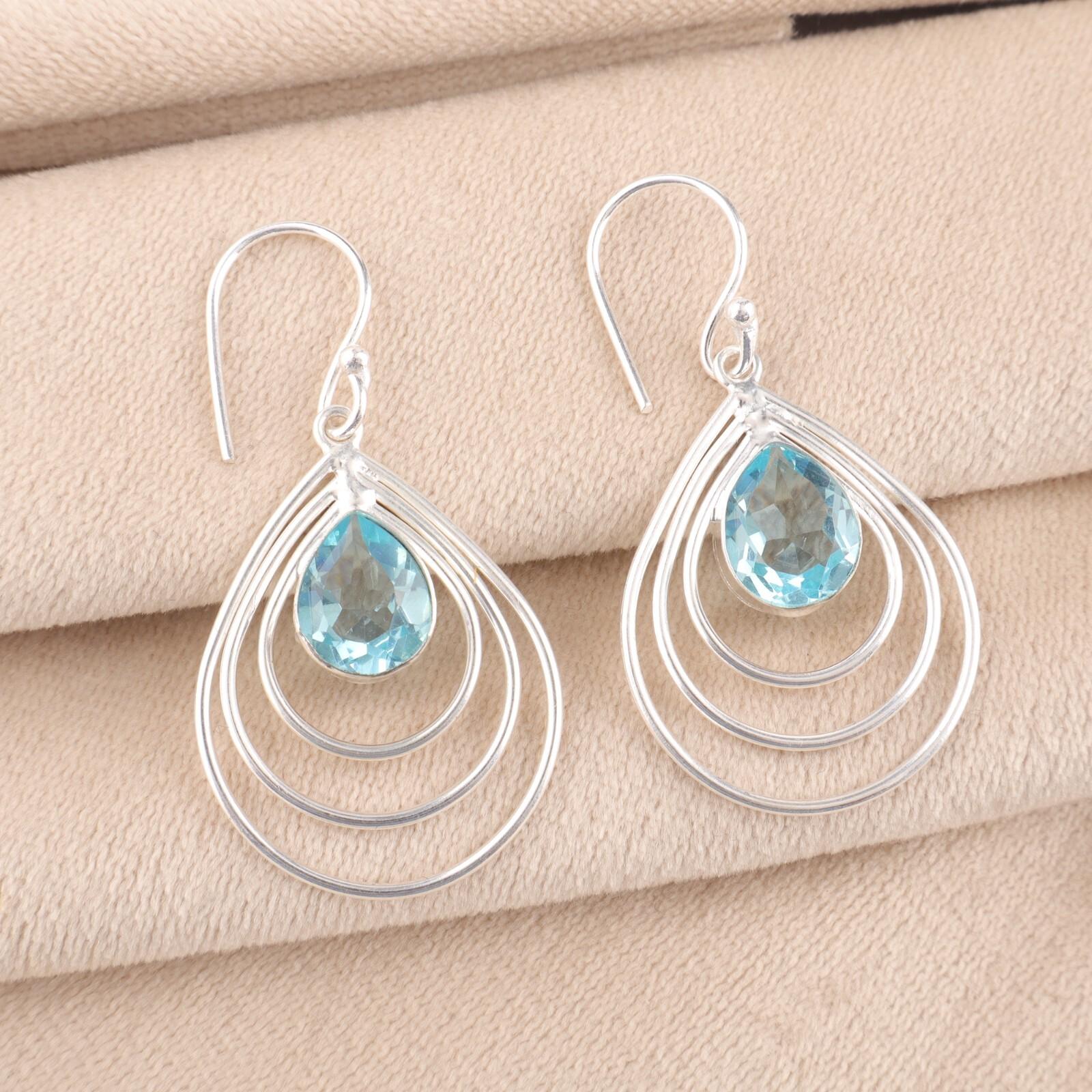 

Natural Sky Blue Topaz Gemstone 925 Sterling Silver Handmade Hoop Earrings 1.80 EE-31-4