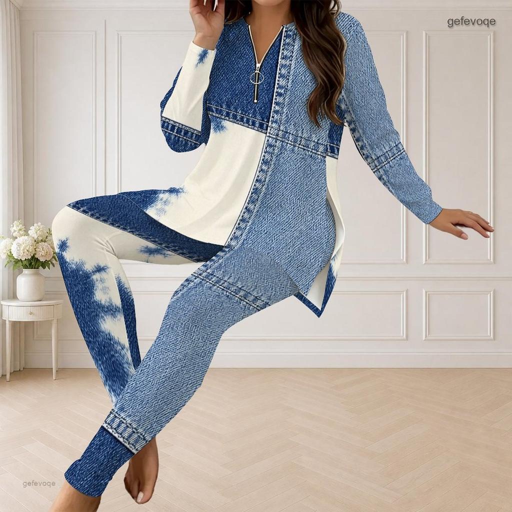 Women Plus Size Printed Half Zip Long Sleeve Long Top And Fitted Pants Two Piece Set