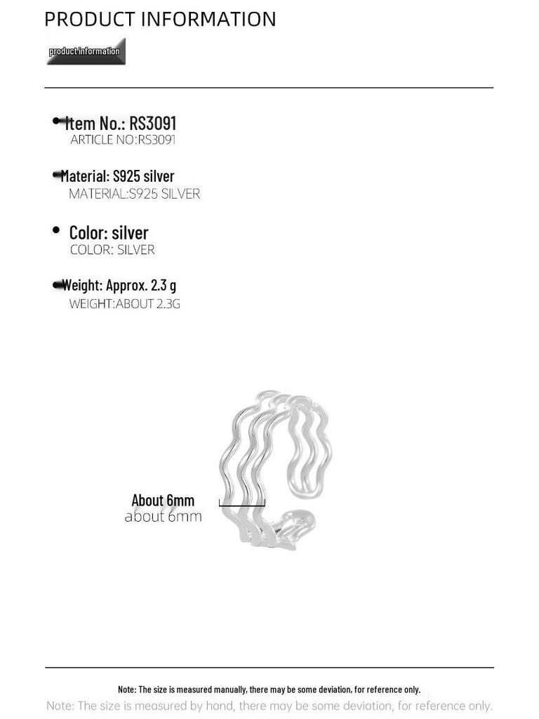 Banyan Tree S925 Silver Triple Wave Korean Ring, Adjustable Plain Cold-Style