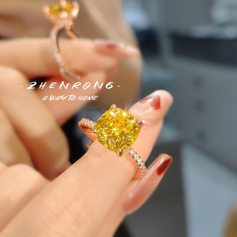 Premium Ice Cut Cushion Ring for Women Caramel Purple High Carbon Diamond Rose Gold Wedding Jewelry