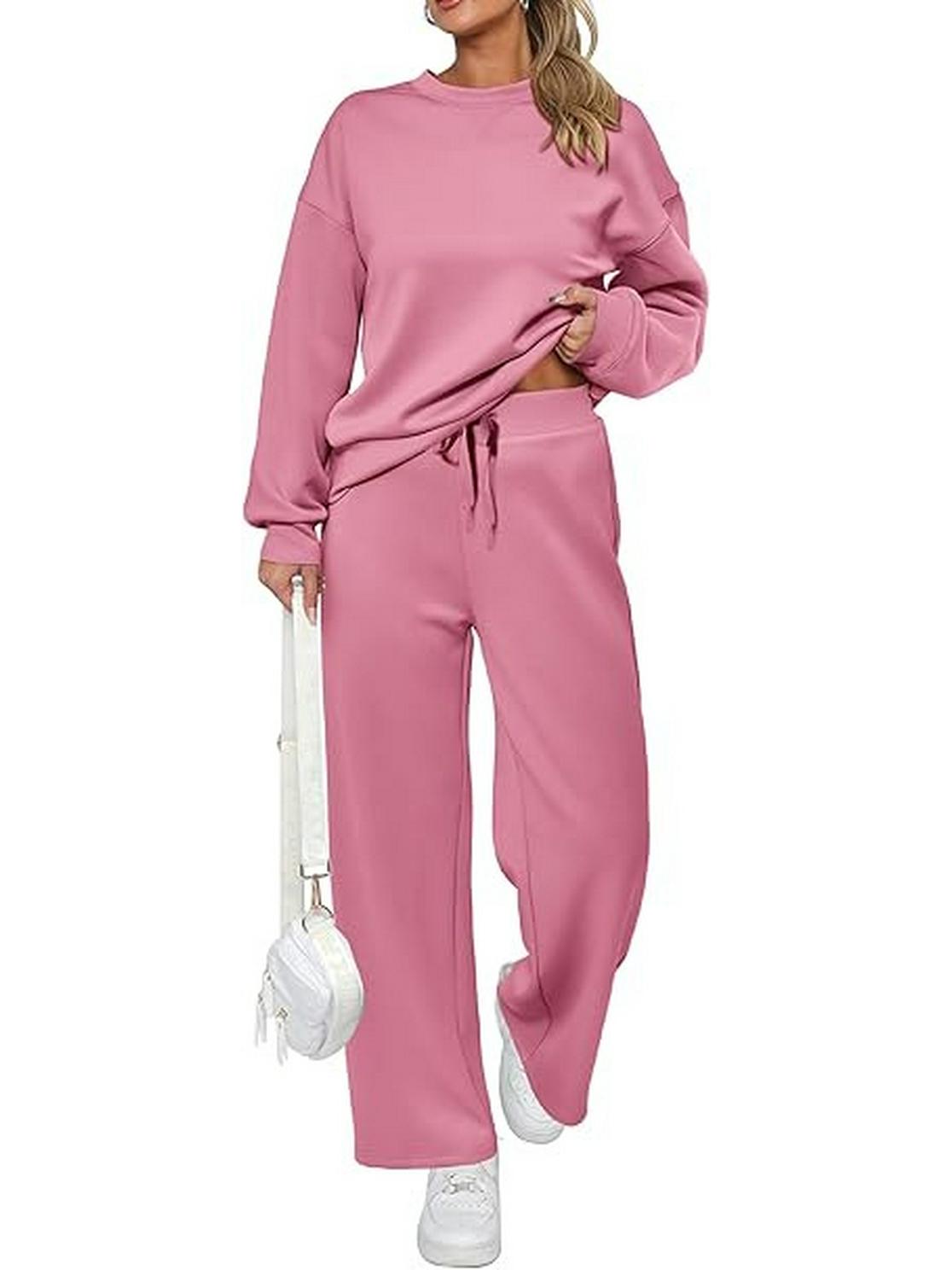 

2024 евро-американский трикотажный женский двубортный свитер: Топ с длинными рукавами и брюки с широкими карманами 5XL розовый