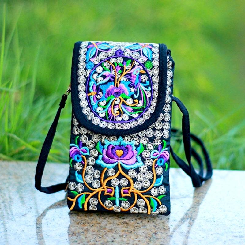 1 Stück Umhängetasche für Handy, lässig, bestickt, Reise, kleine Geldbörse, Damenstoff, Damen mit verstellbarem Riemen