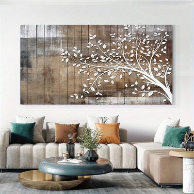 White Tree Branch with Leaves On Wood Effect Background Pictures Canvas Print Wall Art