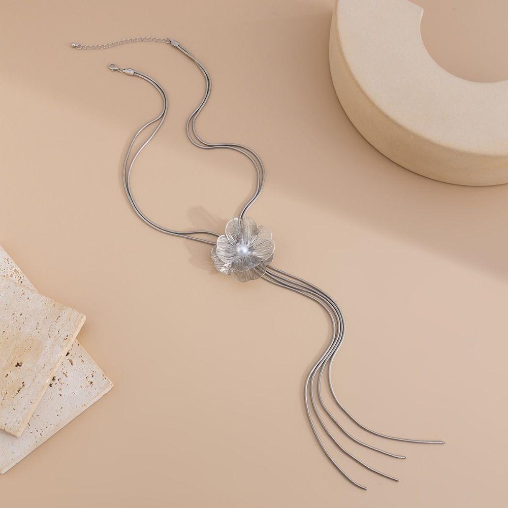 Long Tassel Imitation Pearl Necklace Flower Clavicle Chain Sweet Cross Pendant Necklace  Dating