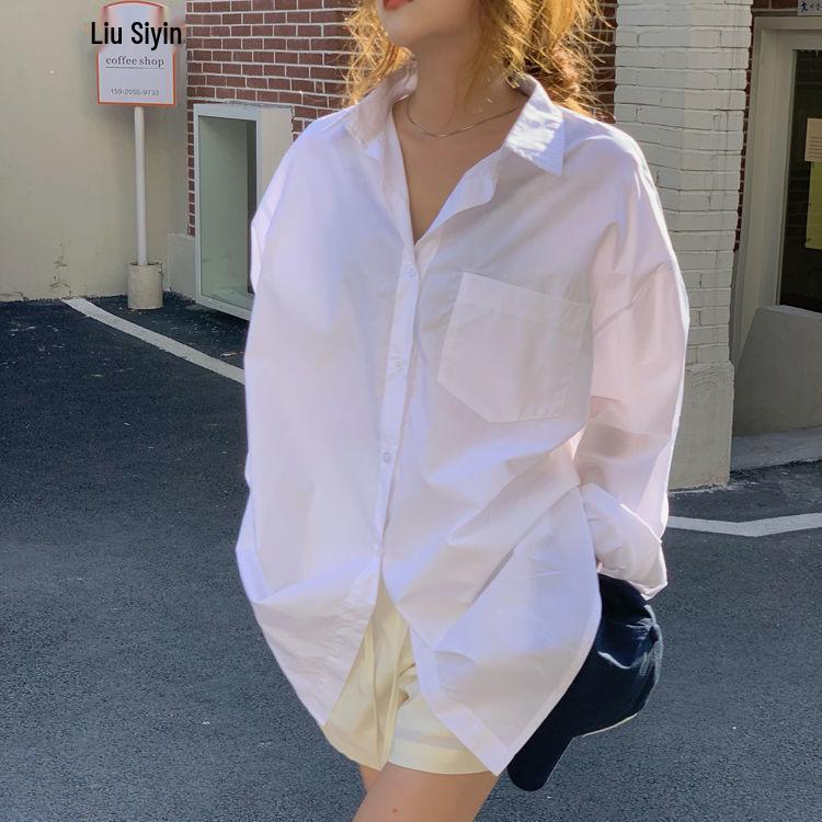 Women's Mid-Length Designer White Shirt Jacket, Thin Long-Sleeve, Loose Korean Style for Spring and Autumn