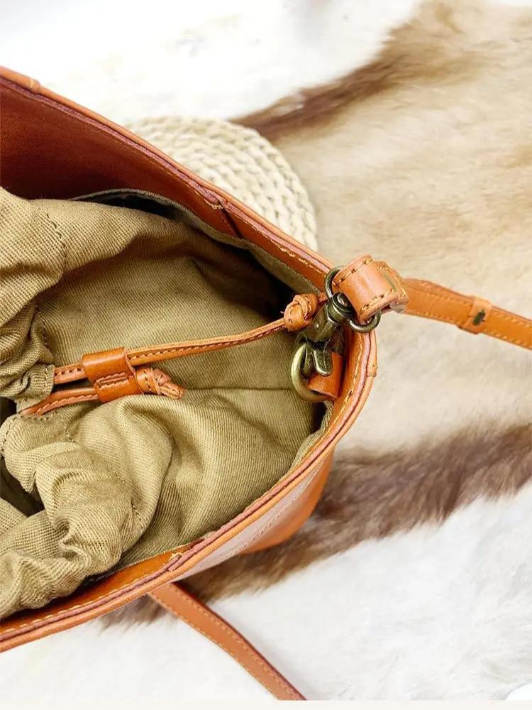 Johnature Genuine Leather Retro Bucket Bag Commuter Large Capacity Soft Cowhide Solid Color Women's Shoulder Bag
