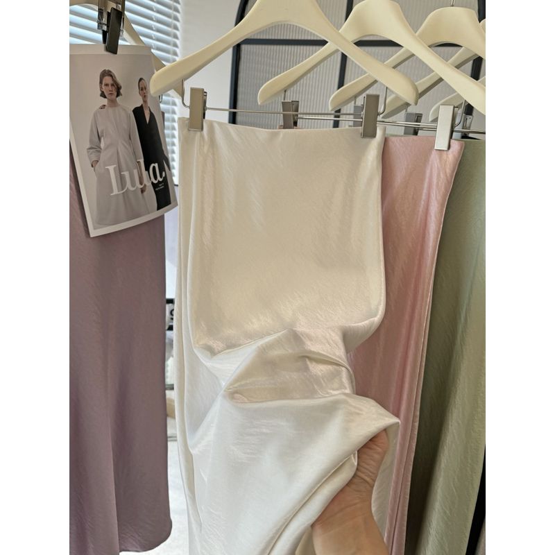 

Solid Color Loose Hip Hugging Skirt Women Solid Loose Sheath Half-Length Long dress Apricot color XL