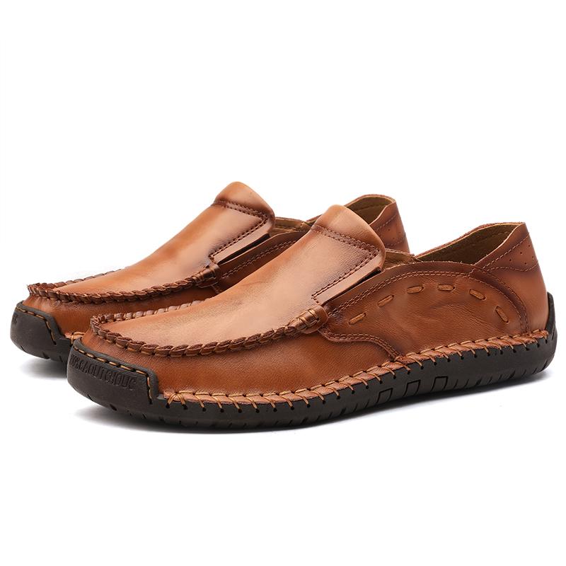 Men's Comfortable Casual Flat Heel Leather Shoes Handmade Male Breathable Vintage Trendy Slip-On Adult Footwear Walking Shoes