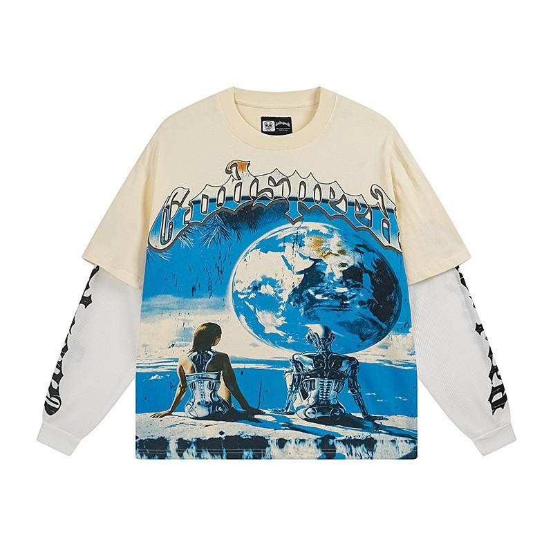 Mens Oversized Cotton Long Sleeve Tee With Skull Graphic Print Streetwear Rock Band Style Loose Fit Teens Adults