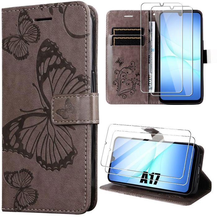 Coque de Protection - BOOLING - pour Samsung Galaxy A17 4G/5G - Cuir PU Relief Papillon Marron - 2 Vitres