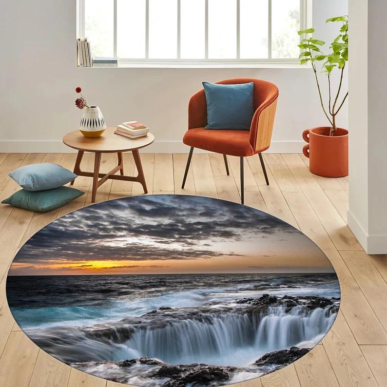 Gold Koi Fish Rug 3D Water Effect Mat Art Carpet Round Rug Modern Illusion Carpet Rug Non-Slip Floor Living Room Bedroom Mat