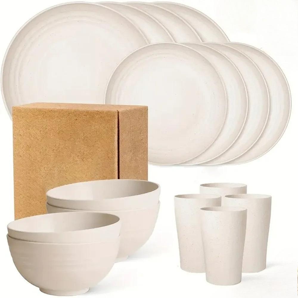 NEW 16-piece Set of Bowls, Cups and Plates, Pure Black Tableware Set, Plastic Dinner Plates and Water Cups Set Gift