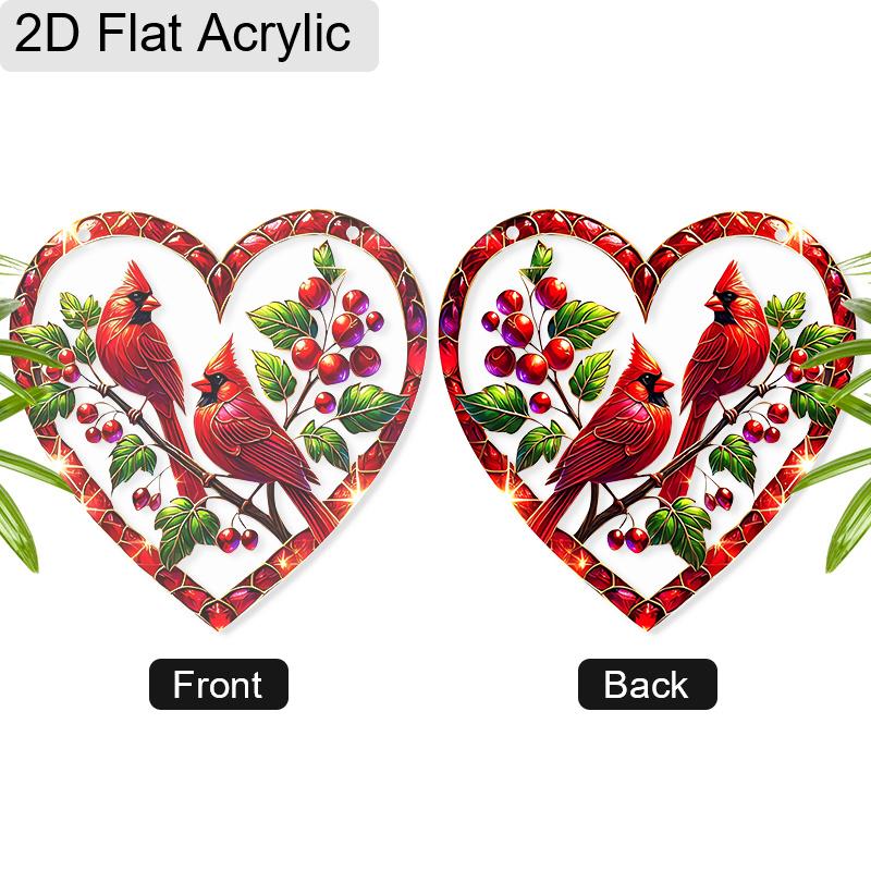 Acrylic Heart-Shaped Cardinal Birds Christmas Suncatcher Stained Glass Effect Window Hanging Ornament Bird Lover Holiday Gifts