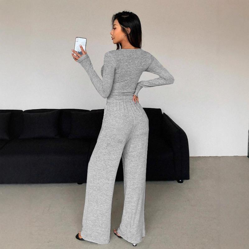 Women Sexy Fitted V Neck Long Sleeve Cropped Top Wide Leg Pants Casual Two Piece Set