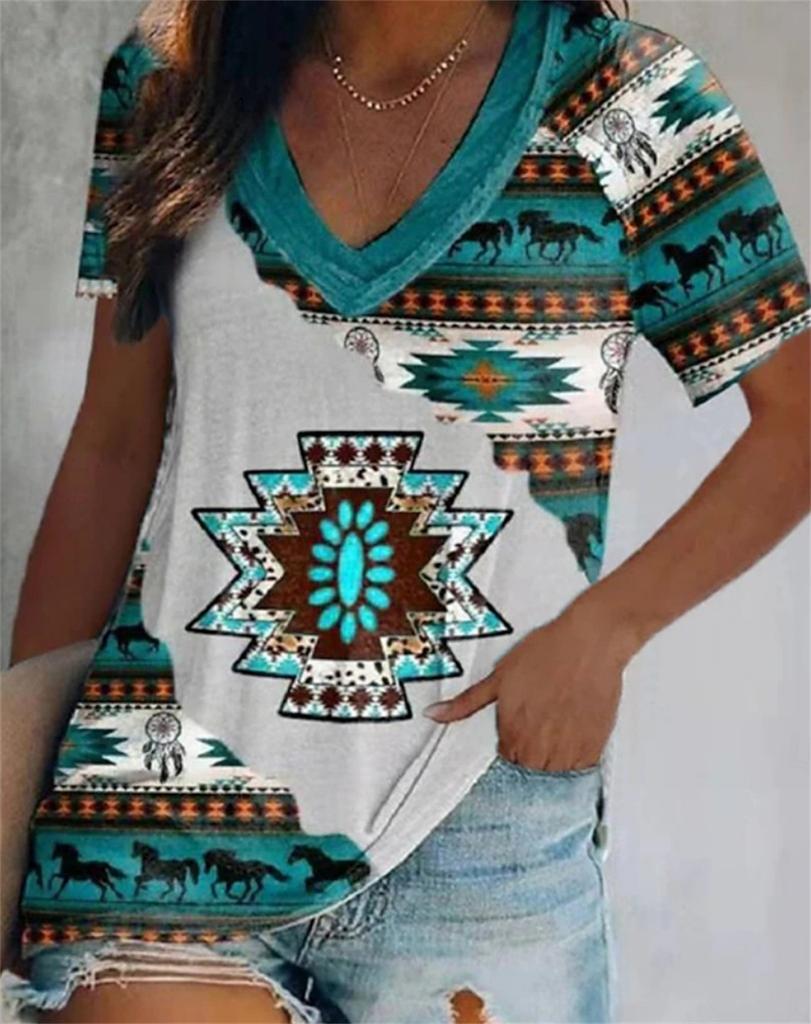 3d Floral Print T-shirt Ladies V-neck T-shirt Casual Summer Outdoor Short-sleeved Blouse Ladies Retro Street Wear