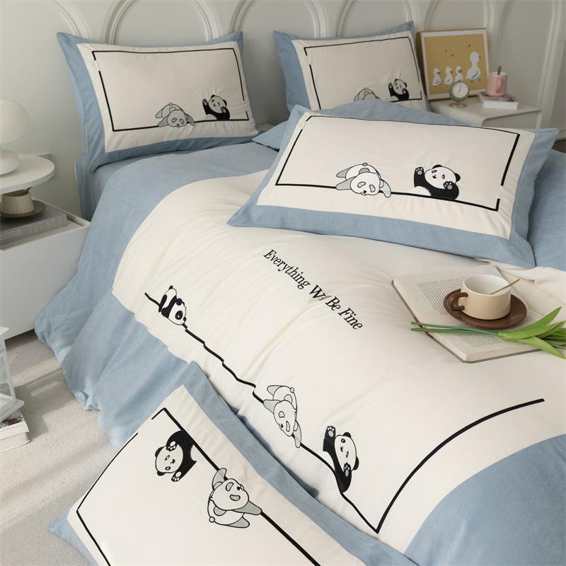Leichte, luxuriöse Panda-Stickerei, große Ecke, passendes Bastelset, vierteiliges Set, Brokat-Baumwolle, hautfreundliches, weiches Bettlaken, Bettbezug, Bettwäsche