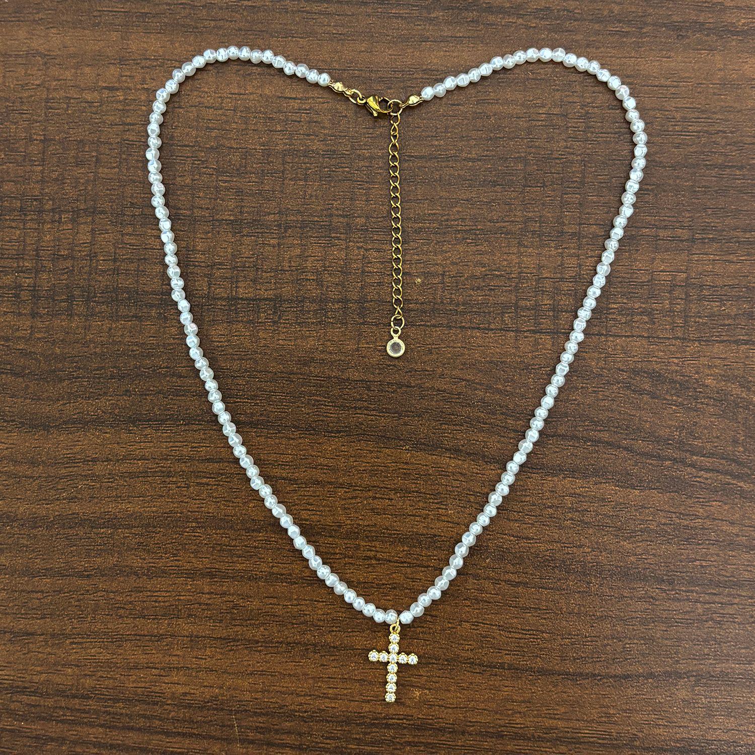 18K Zirconia Cross Necklace with Mini Irregular Baroque Pearls