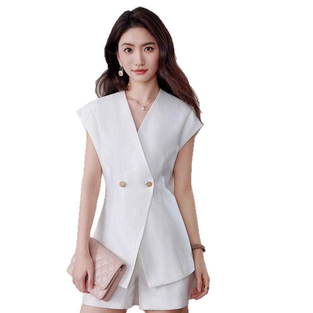 2025 Summer High-End Sleeveless Suit Jacket with Shorts – Goddess Petite OL Style