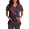 Women's V-Neck Short Sleeve Work Uniform Shirt with Pockets, Halloween Print