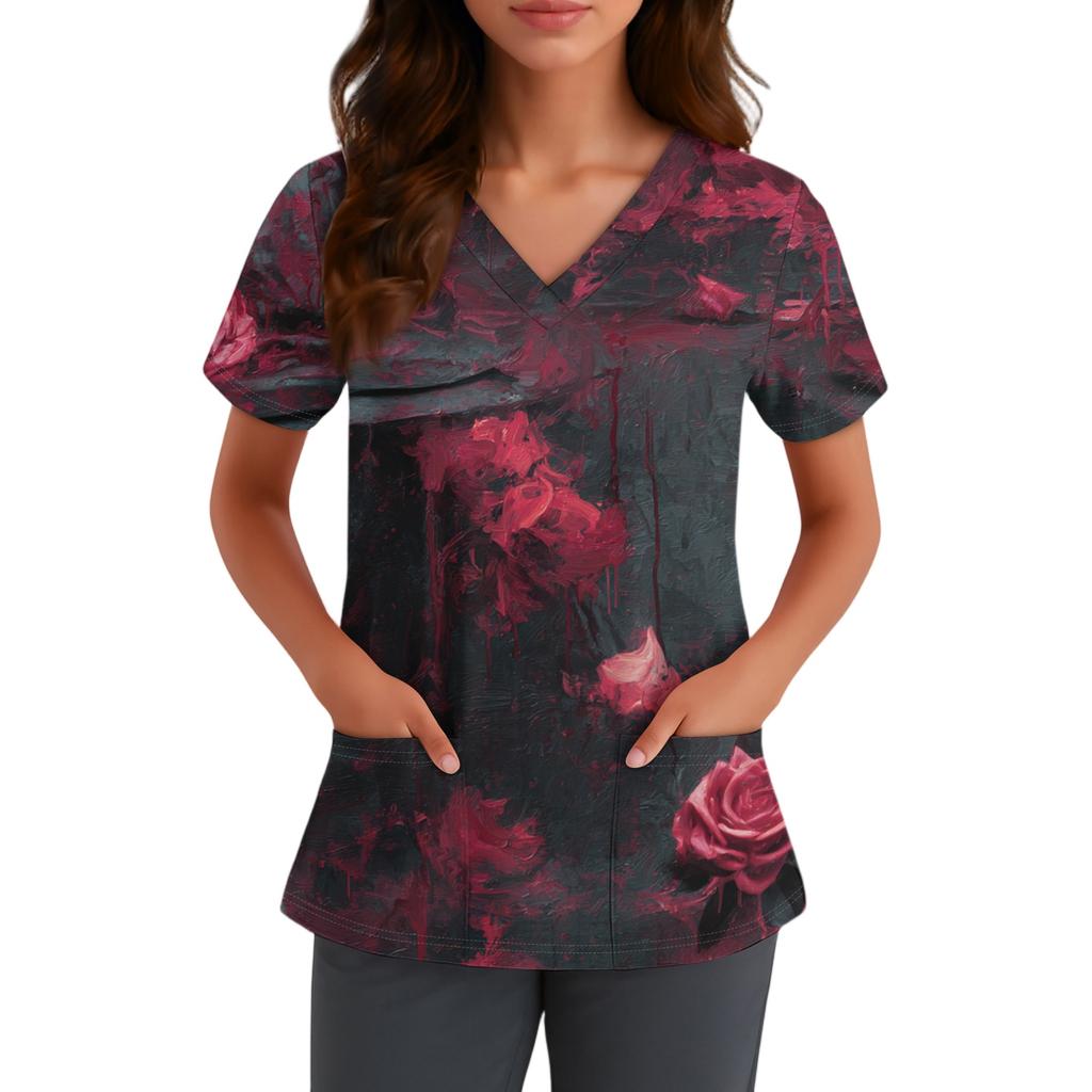 Women's V-Neck Short Sleeve Work Uniform Shirt with Pockets, Halloween Print