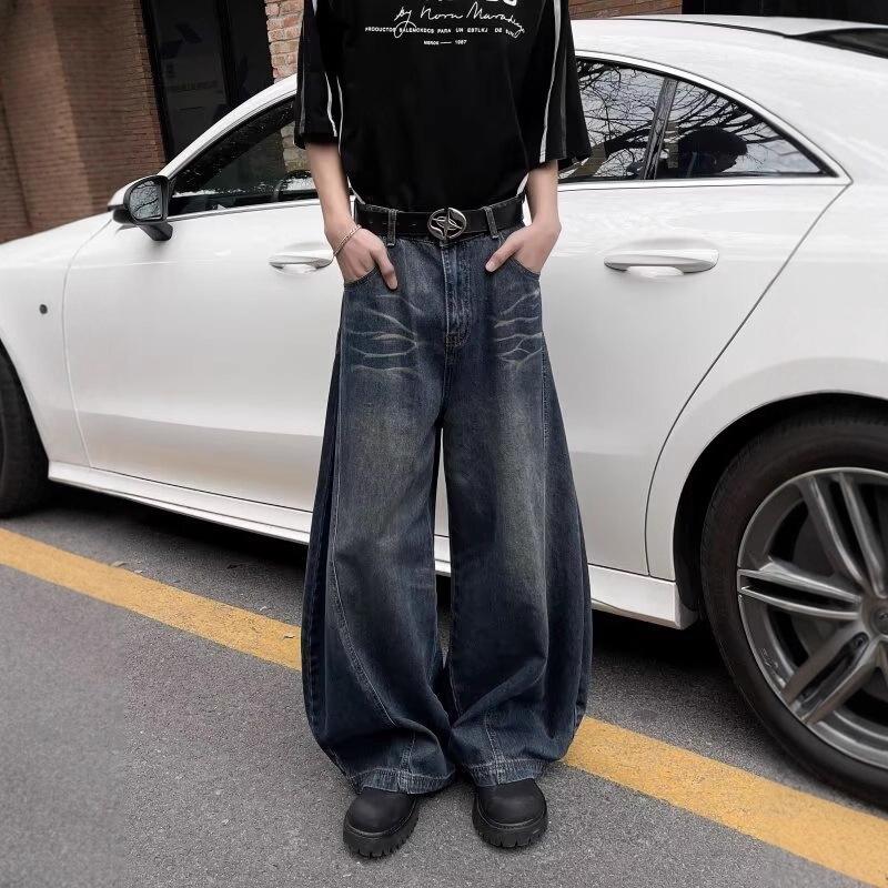 Men's American Retro Washed Black Wide-Leg Scimitar Jeans