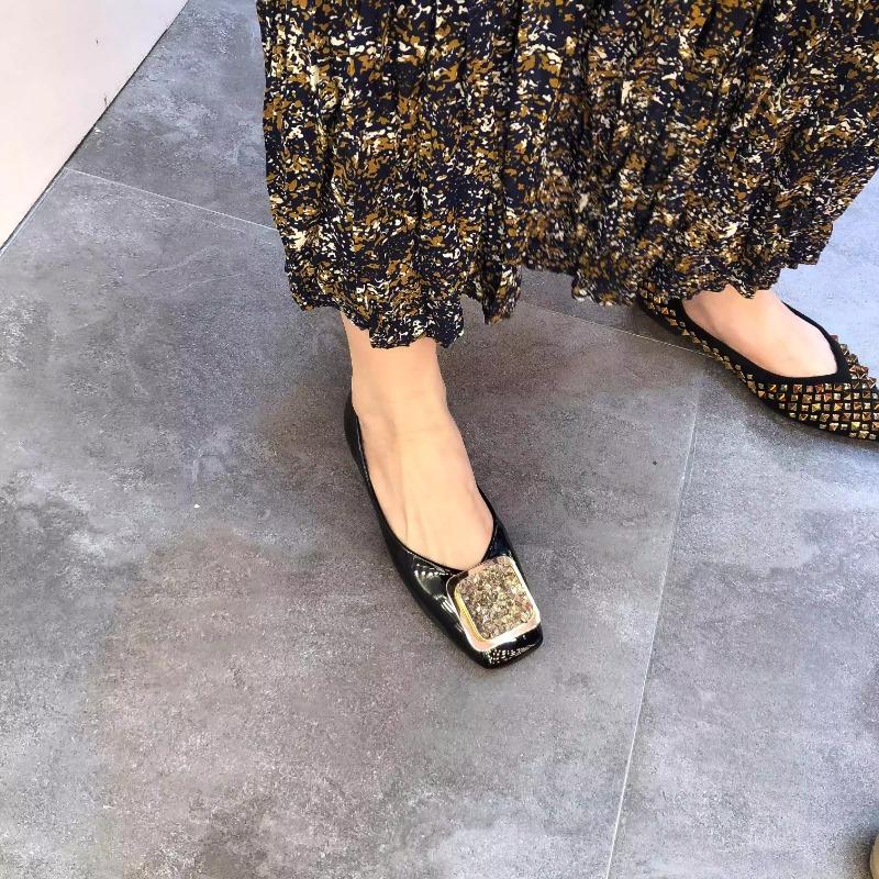 Fashion Flat Shoes for Women 2025 Spring and Autumn New Square Toe Patent Leather Rhinestone Ladies Shoes Women's Plus Size 42 43 44