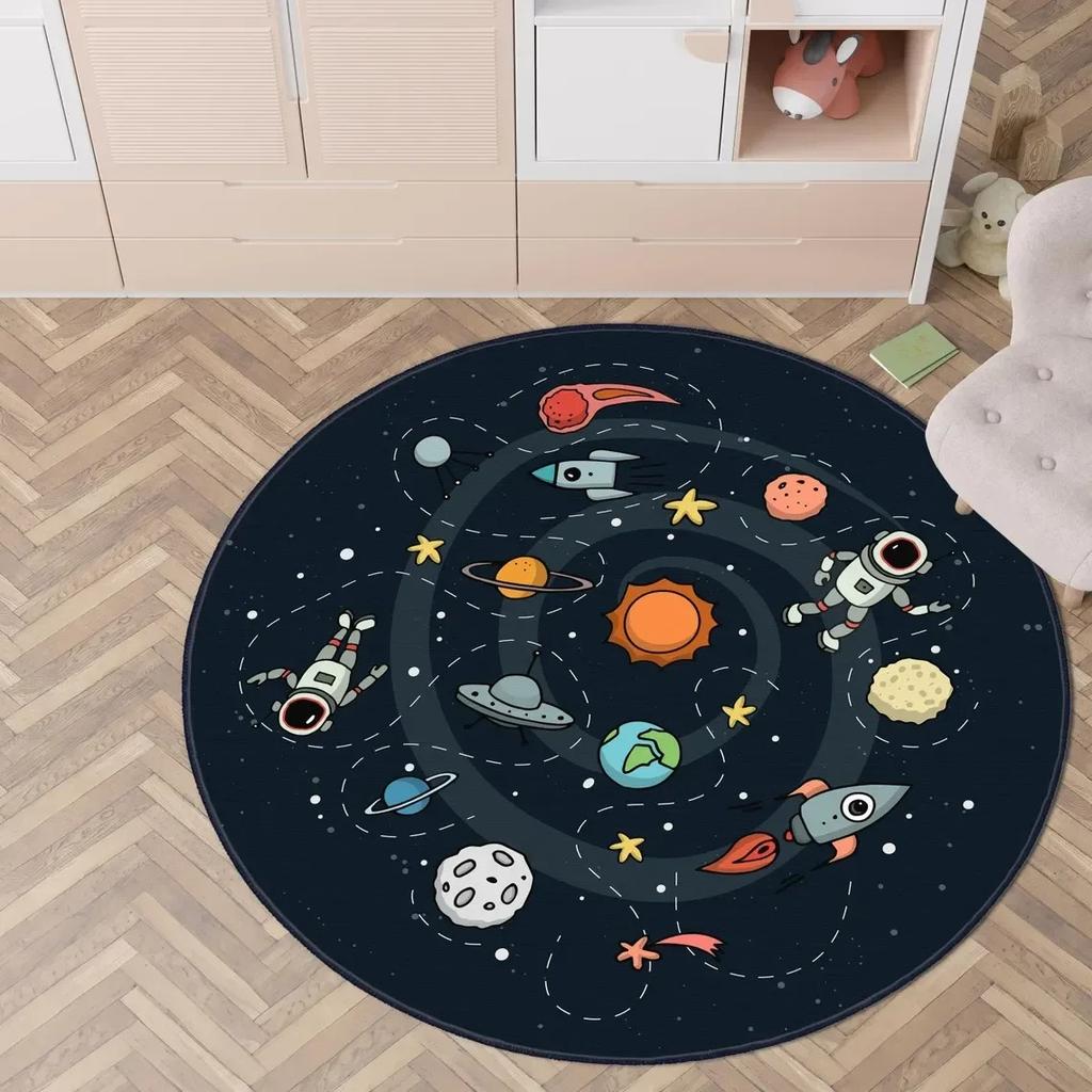 Round Space Theme Carpet Mat Rug Home Decoration Kids Room Astronaut Rocket Planet Pattern Non-Slip Floor Mat Bedroom Carpet